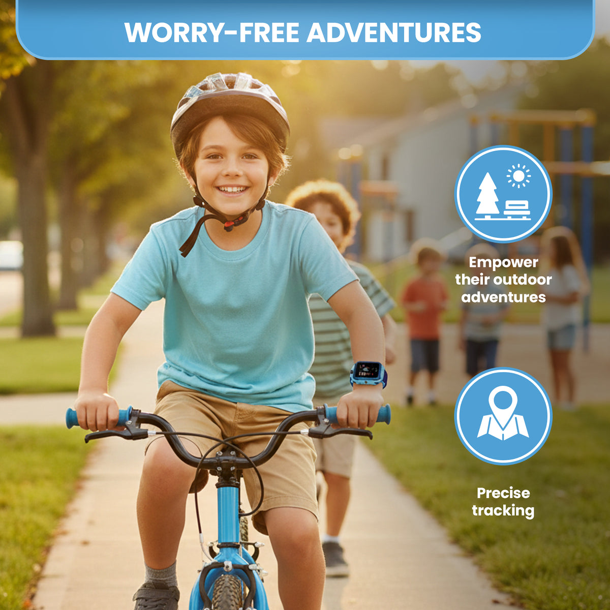 Child using the Tikko Smart Pro kids' smartwatch outdoors